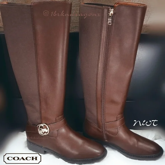 NWT Genuine Leather Risinf Boot Coach Brown Luggage Gold Embellished Boots - Picture 1 of 7